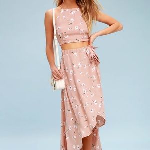 Lulus Blush Pink Floral Print Crop Top & Wrap Midi Skirt